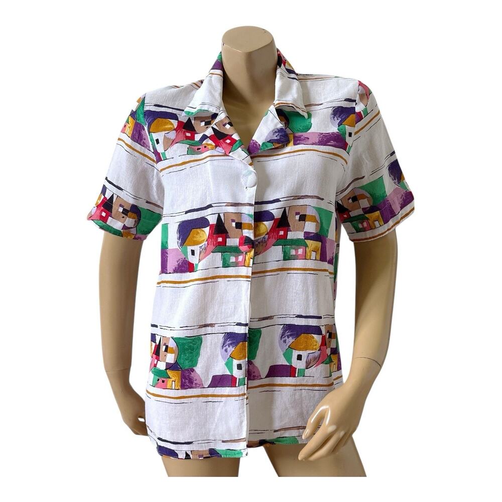 Vintage 90s Stuart Lang Blouse Womens 10 Village Print Linen Button Front Top